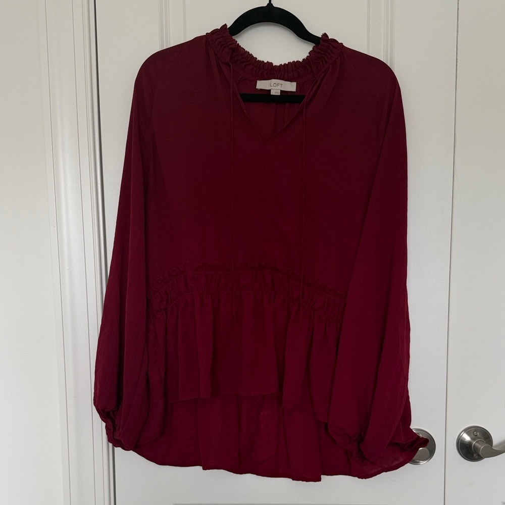 LOFT Deep Burgundy Smocked Peasant Blouse